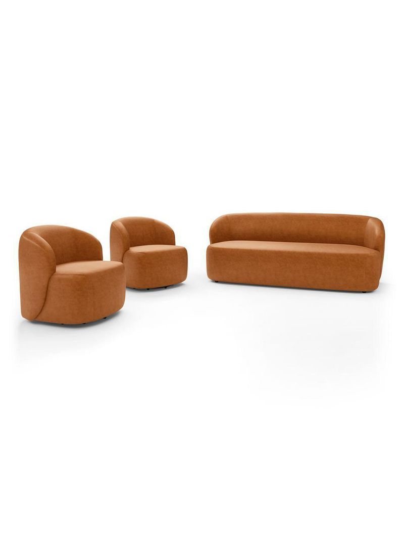 Kit 02 Poltronas Giratória E 01 Sofá Orgânico Leez 205cm 03 Lugares Couríssimo Caramelo - Desk Design