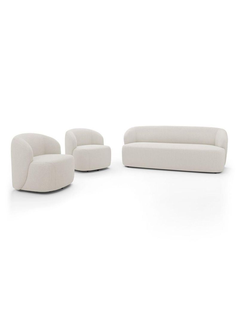 Kit 02 Poltronas Giratória E 01 Sofá Orgânico Leez 170cm 02 Lugares Bouclê Off White - Desk Design