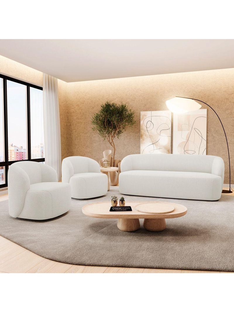 Kit 02 Poltronas Giratória E 01 Sofá Orgânico Leez 170cm 02 Lugares Bouclê Off White - Desk Design