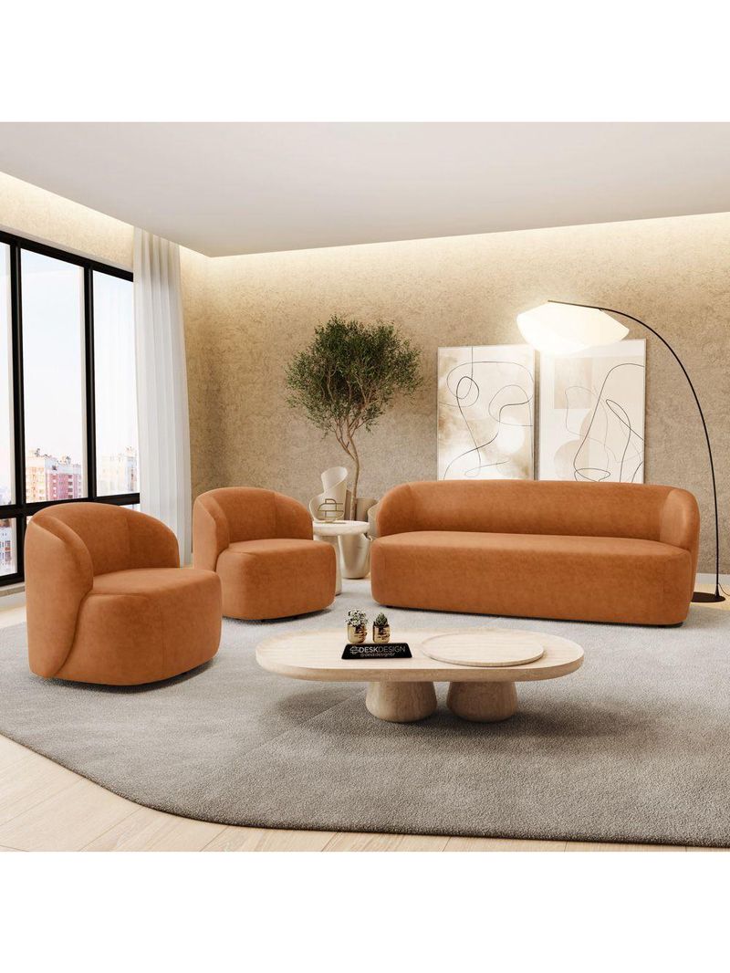 Kit 02 Poltronas Giratória E 01 Sofá Orgânico Leez 170cm 02 Lugares Couríssimo Caramelo - Desk Design