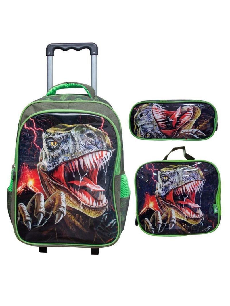 Kit Escolar Trex Para Meninos Mochila + Lancheira + Estojo Reforçada Resistente 17' - Trex Attack Verde Escuro