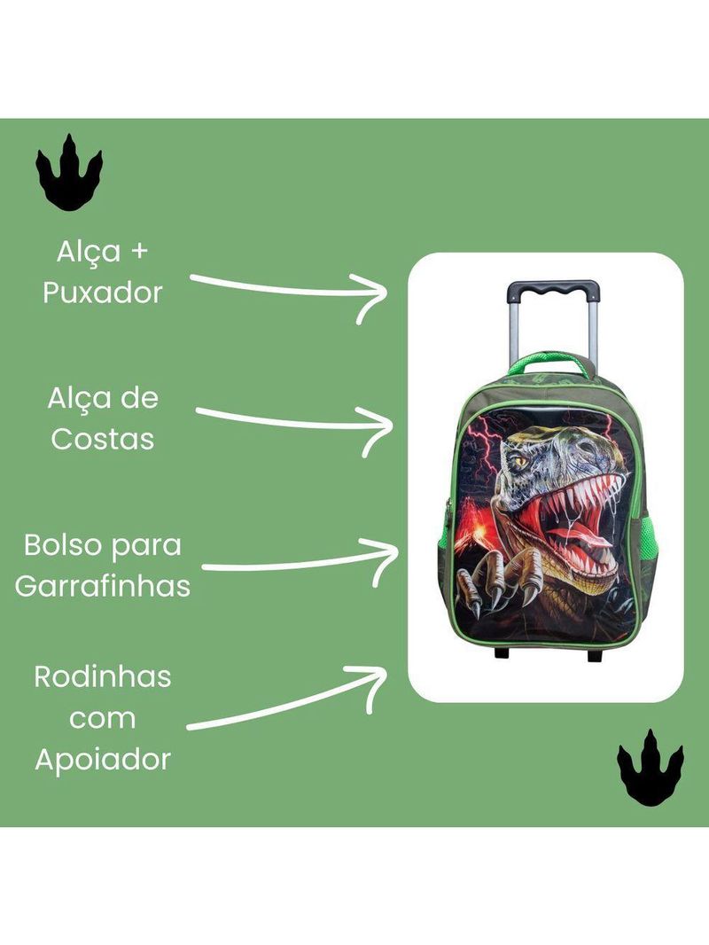 Kit Escolar Trex Para Meninos Mochila + Lancheira + Estojo Reforçada Resistente 17' - Trex Attack Verde Escuro