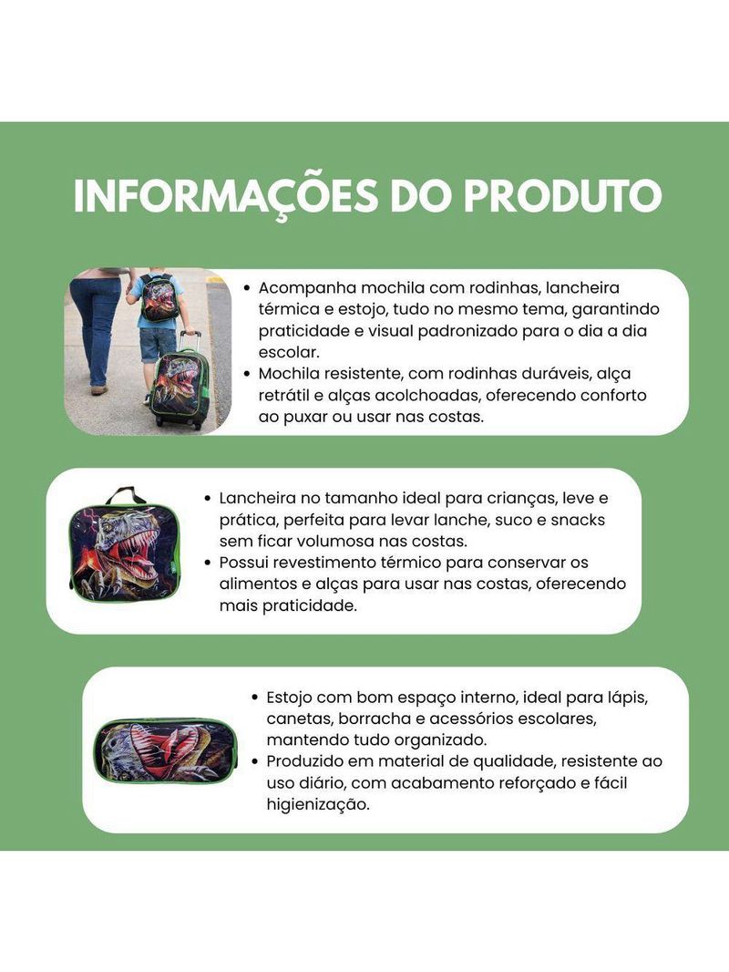 Kit Escolar Trex Para Meninos Mochila + Lancheira + Estojo Reforçada Resistente 17' - Trex Attack Verde Escuro
