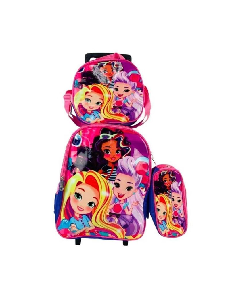 Kit Mochila Infantil Com Rodinhas Princesas Bolsa Escolar Estojo Lancheira Térmica Rosa Impermeavel