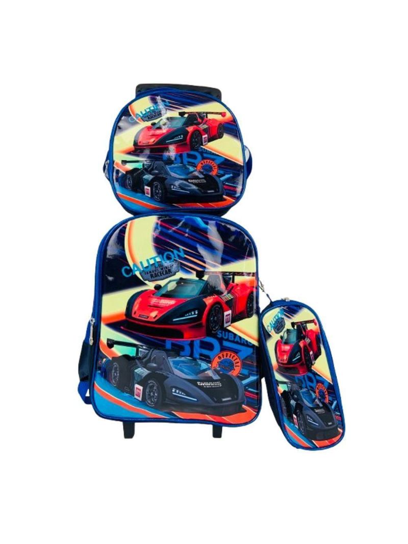 Kit Mochila Infantil Com Rodinhas Carros Escolar Estojo Lancheira Térmica Bolsa Carrinho Impermeavel