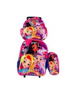 Kit Mochila Infantil Rodinhas Princesas Bolsa Escolar Estojo Lancheira Térmica Rosa  Impermeável