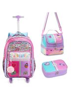 Kit Mochila De Rodinhas + Lancheira + Estojo Just Love Rainbow Chaveiro Denlex