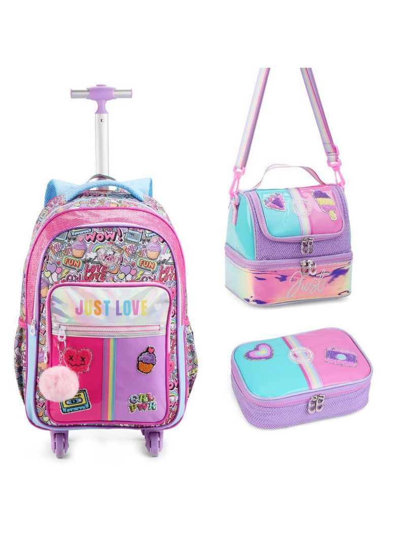 Kit Mochila De Rodinhas + Lancheira + Estojo Just Love Rainbow Chaveiro Denlex