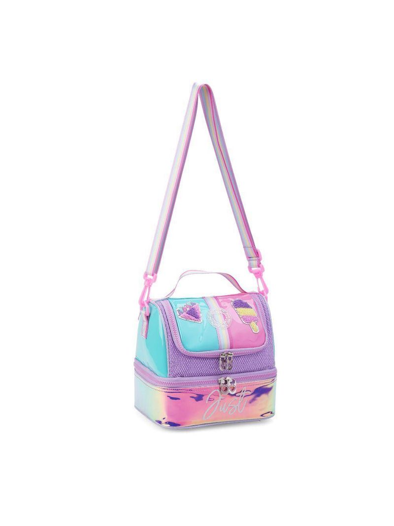 Kit Mochila De Rodinhas + Lancheira + Estojo Just Love Rainbow Chaveiro Denlex