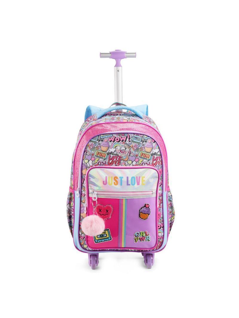 Kit Mochila De Rodinhas + Lancheira + Estojo Just Love Rainbow Chaveiro Denlex
