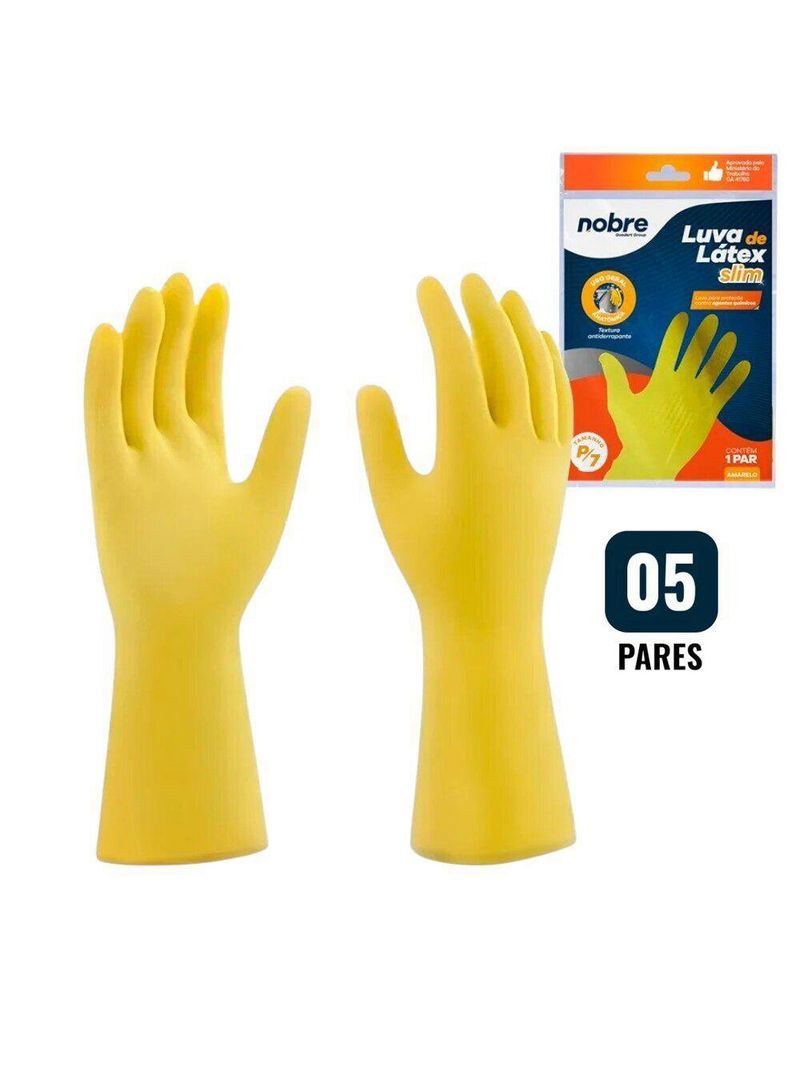 Kit 5 Pares De Luvas Nobre Látex P P- Agentes Químicos Resistente E Segura Amarelo
