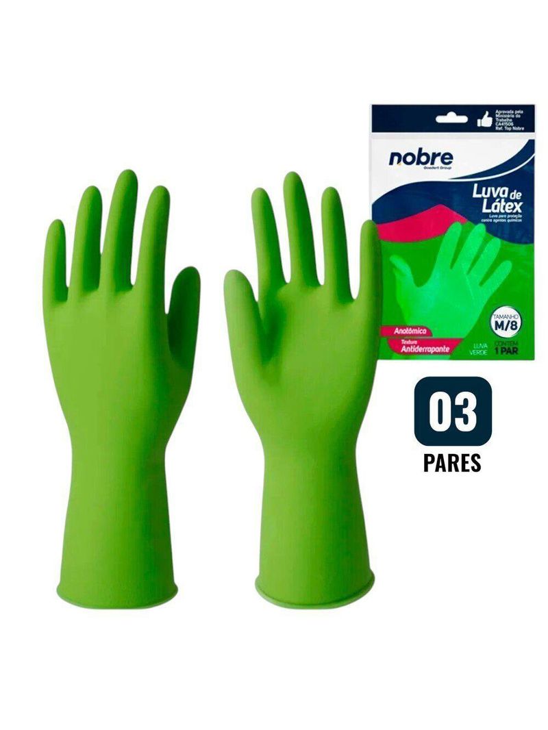 Kit 3 Pares De Luvas Nobre Látex M P- Agentes Químicos Resistente E Segura Verde