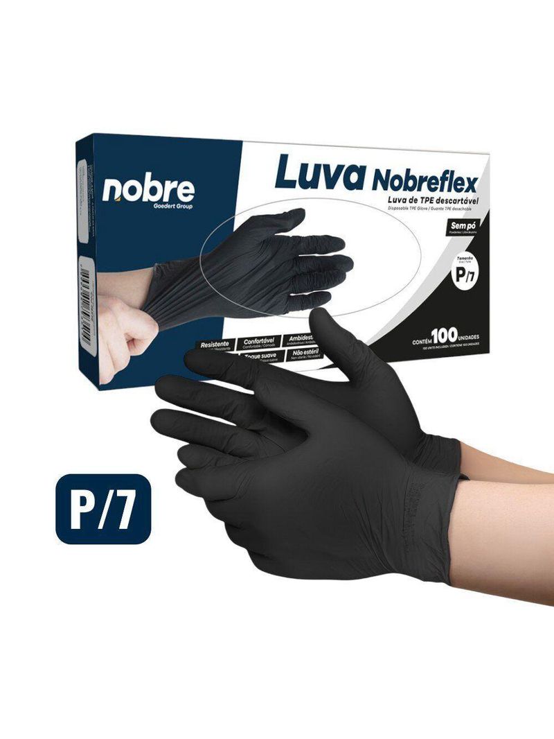 Caixa Com 100 Luvas Tpe Sem Pó Descartável P Preta Nobre Nobreflex Para Alimentos