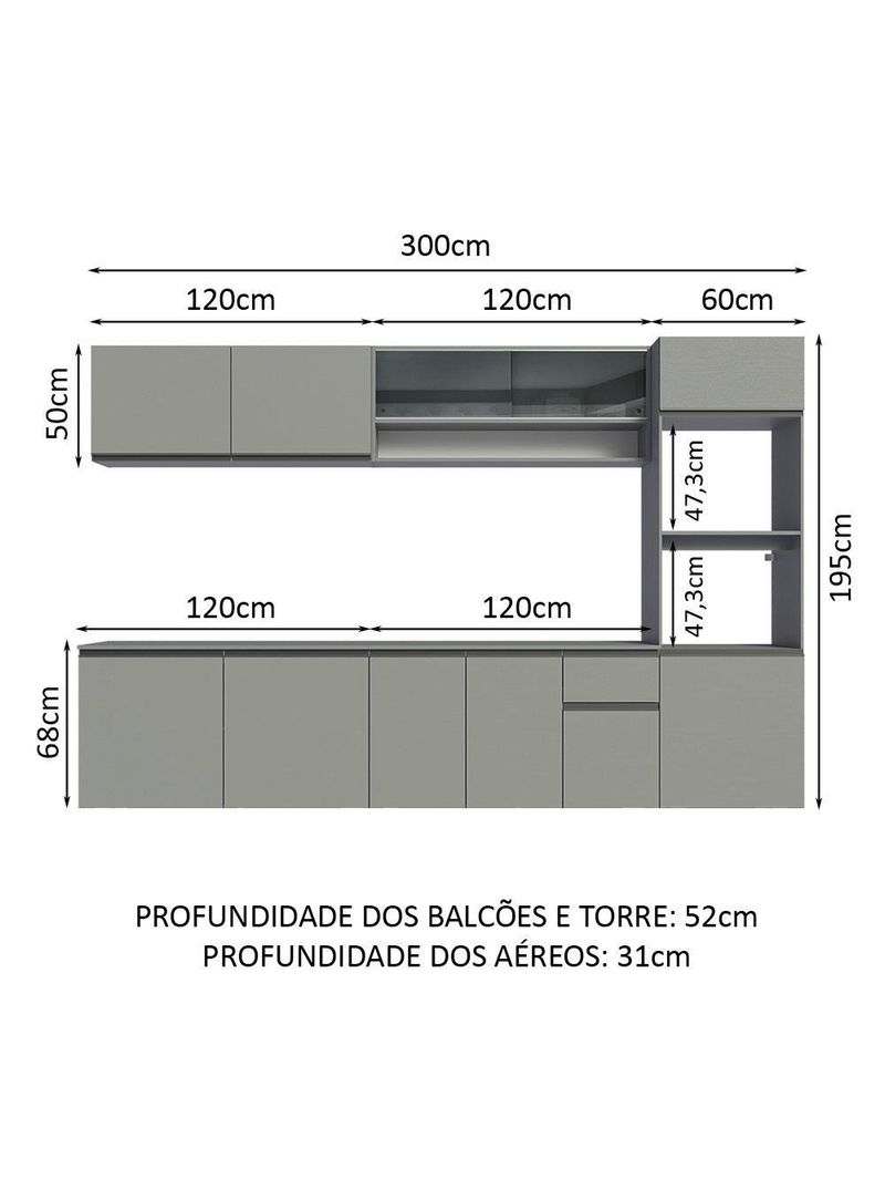 Armário de cozinha completa 300 cm suspenso nice madesa 03