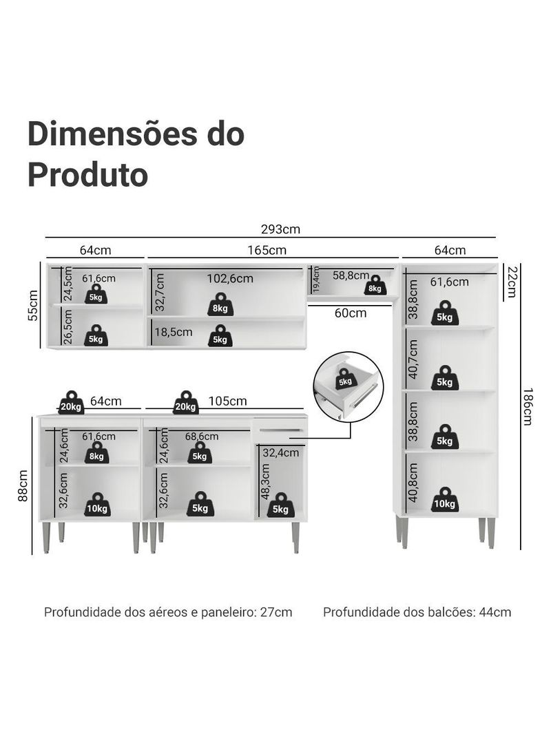 Armário de cozinha completa 293cm branco emilly madesa 011