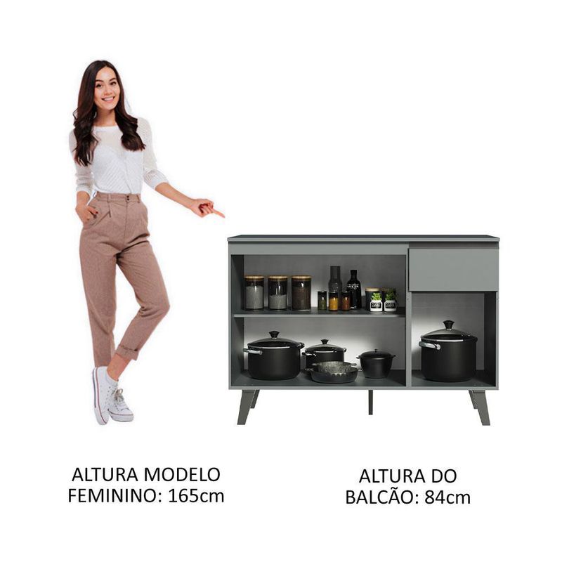 Balcão armário de cozinha 3 portas 1 gaveta com pés cinza nice madesa