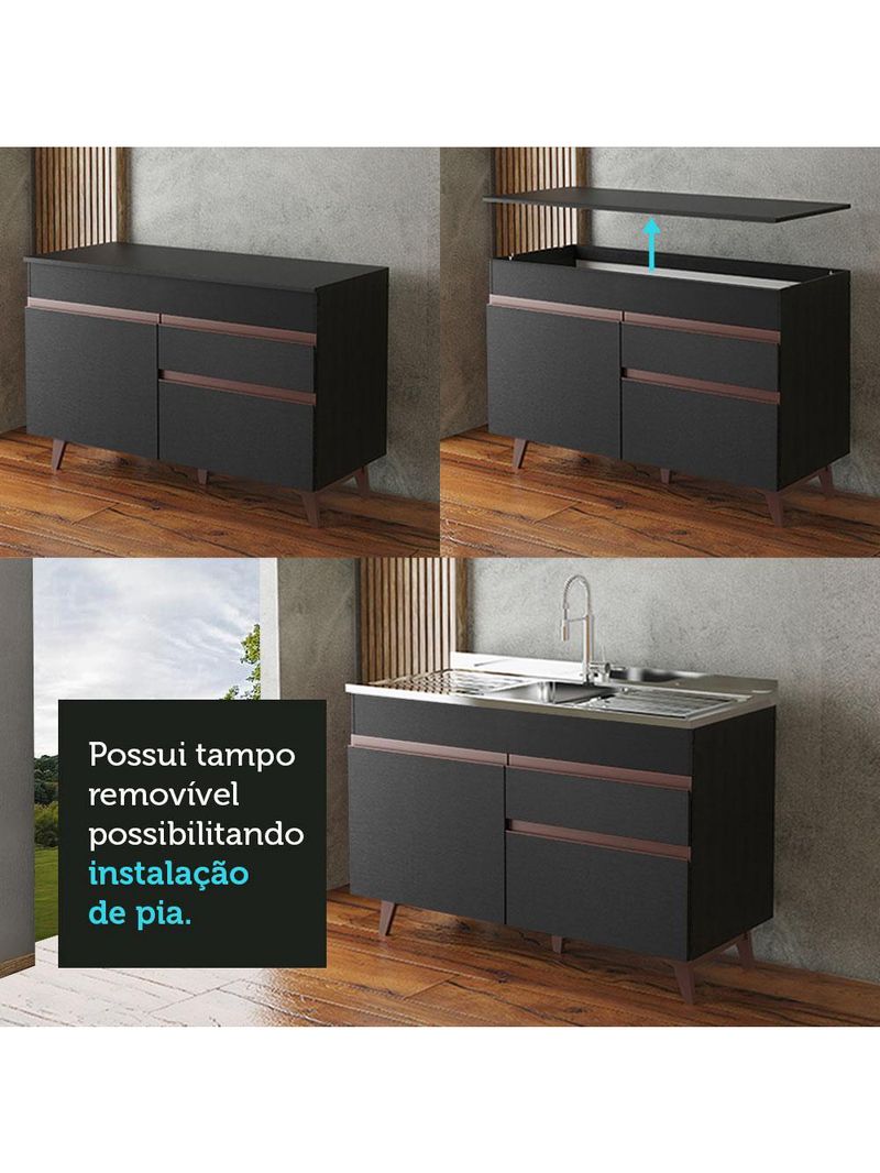 Balcão armário de cozinha gabinete de pia 2 portas e 1 gaveta preto reims madesa