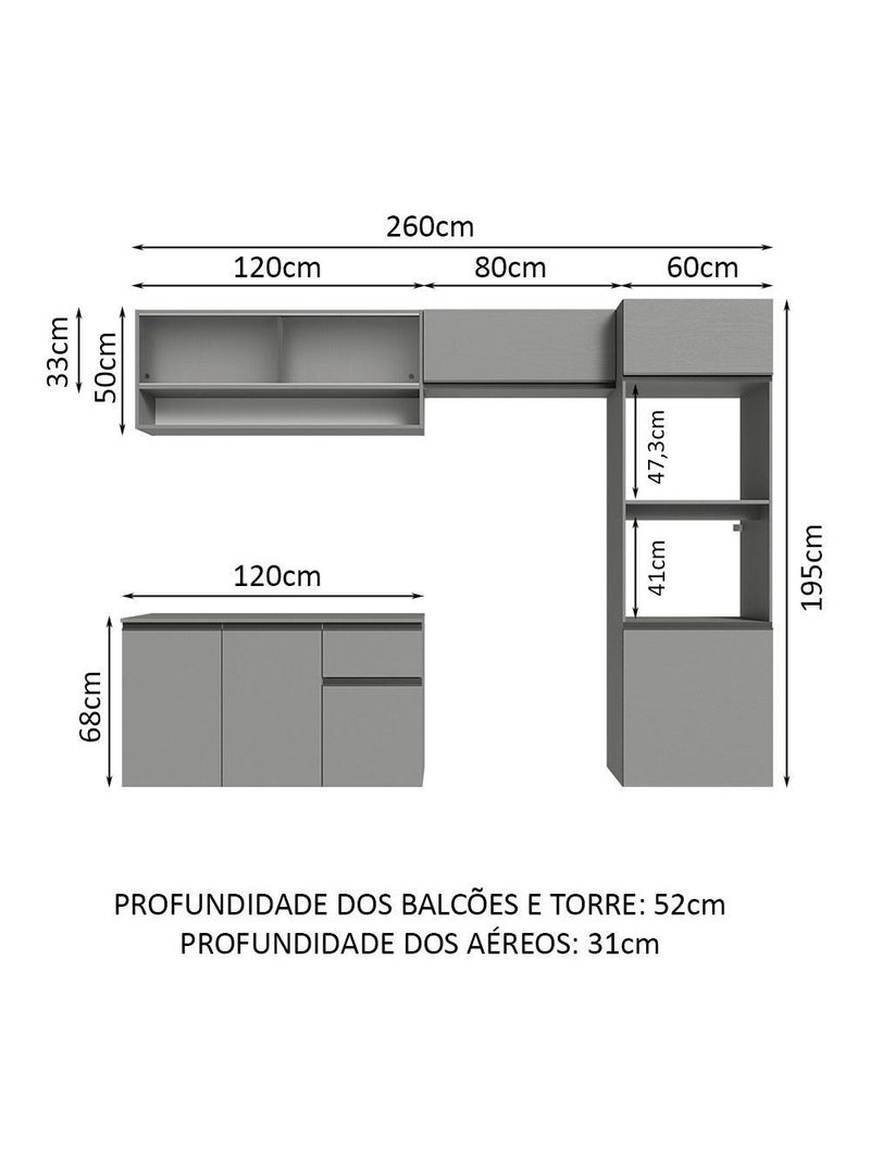 Armário de cozinha completa suspenso 260cm cinza nice madesa 11