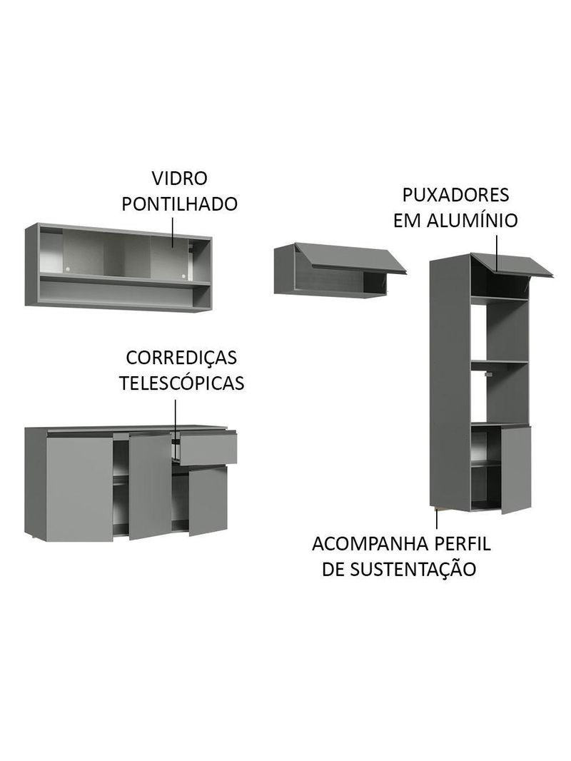 Armário de cozinha completa suspenso 260cm cinza nice madesa 11