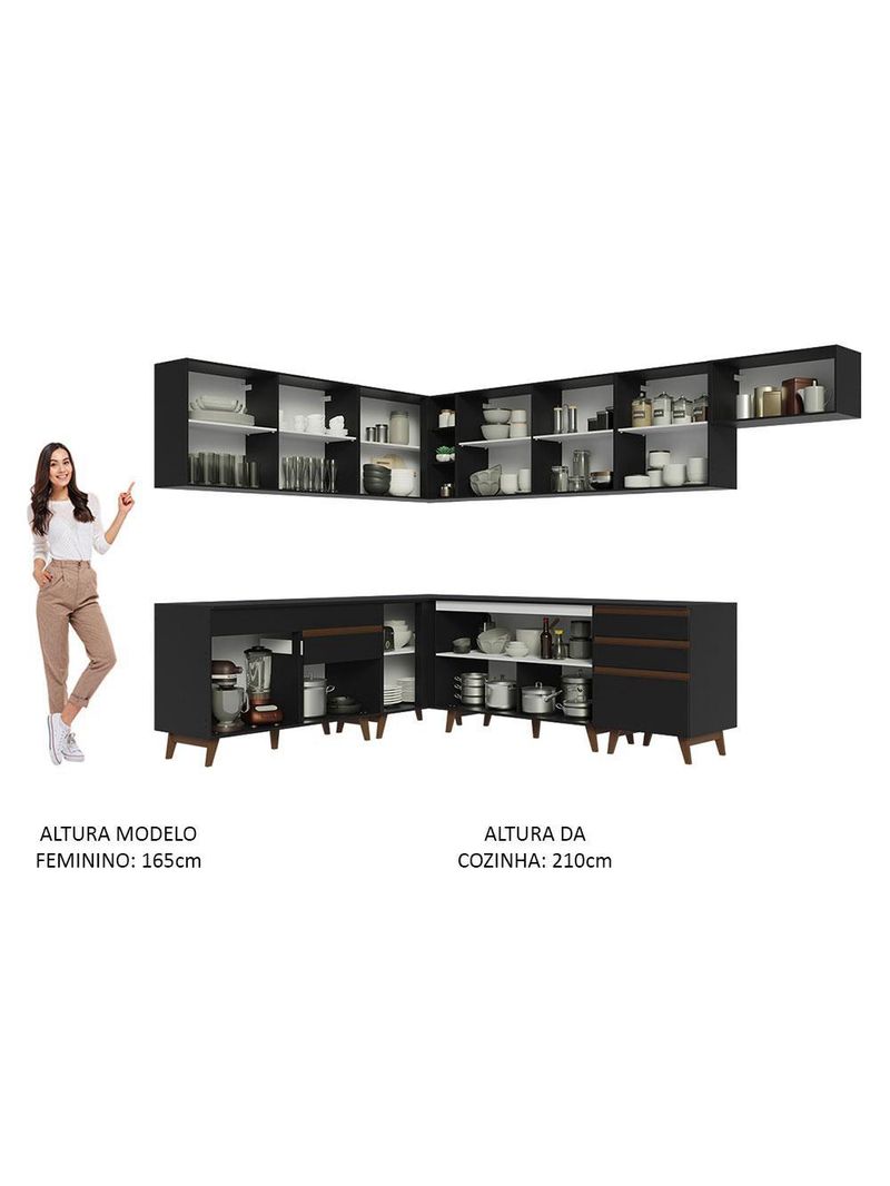 Armário de cozinha completa de canto 512cm preto reims madesa 01