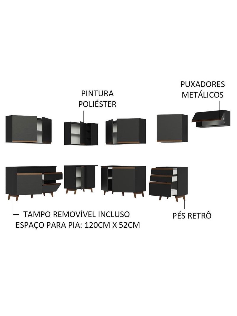Armário de cozinha completa de canto 512cm preto reims madesa 01