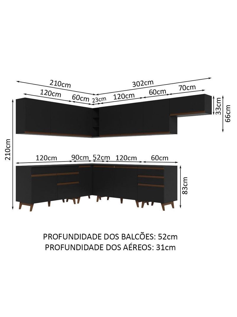 Armário de cozinha completa de canto 512cm preto reims madesa 01
