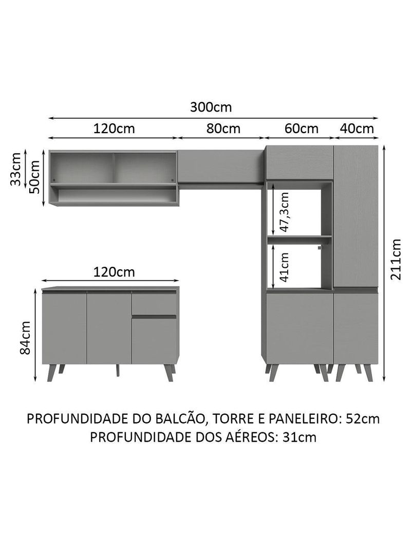 Armário de cozinha completa 300cm cinza nice madesa 08