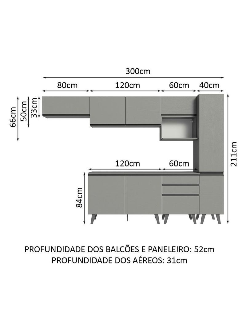 Armário de cozinha completa 300cm cinza nice madesa 05