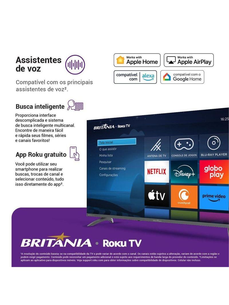 Smart 43” Britânia LED Dolby Audio Roku Bivolt