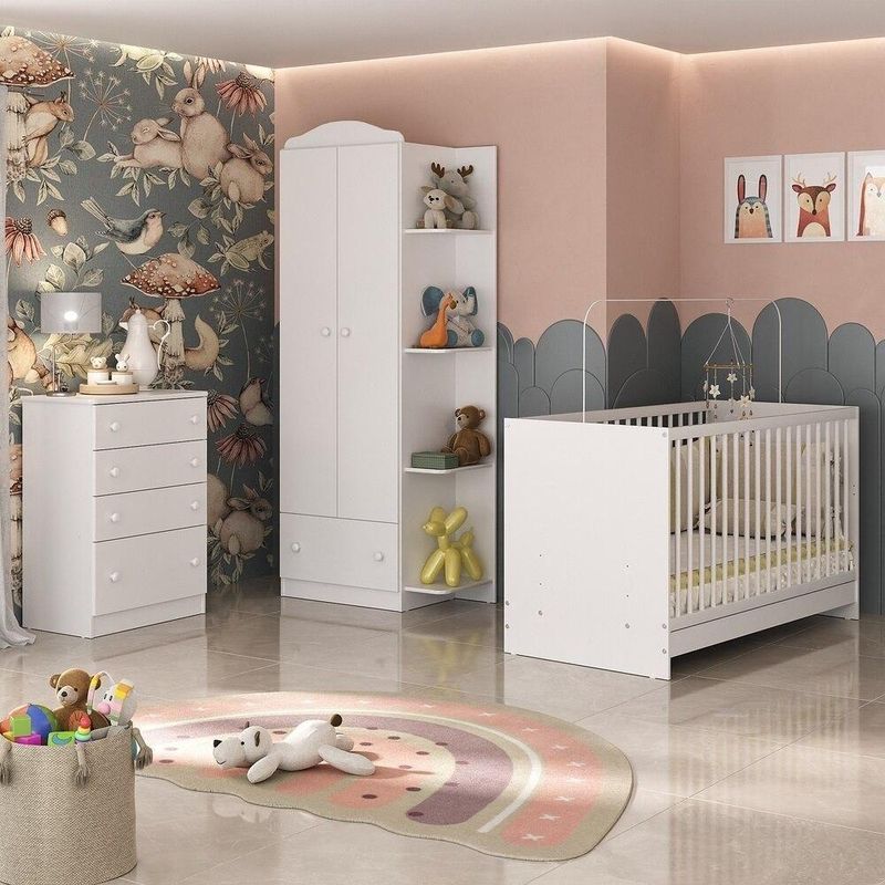 Quarto De Bebê Completo Com Berço 3 Em 1 Mp4145 Branco