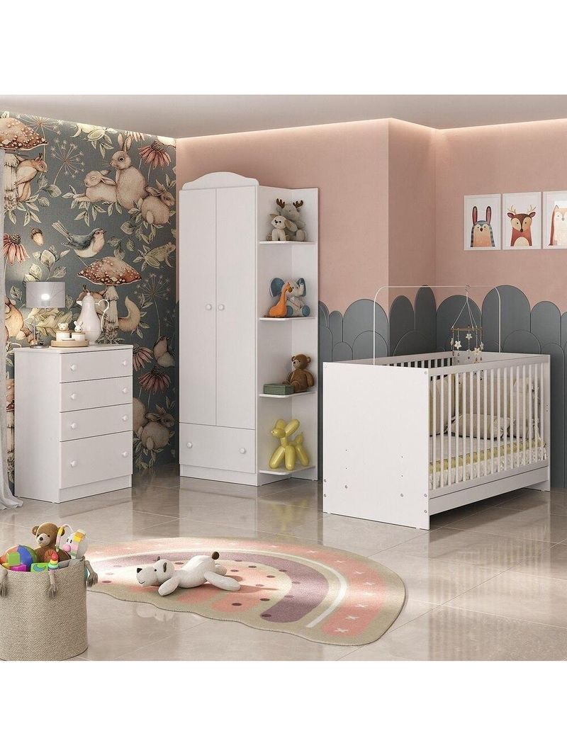 Quarto De Bebê Completo Com Berço 3 Em 1 Com Colchão Mp4154 Branco
