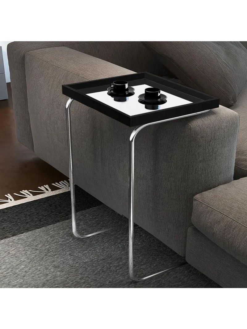 Mesa De Apoio P- Sofá Bandeja Espelhada Laca Preta Base Cromada Preto