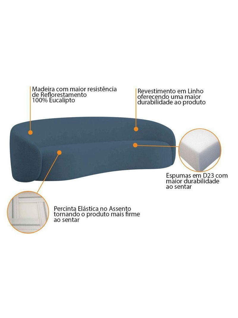 Kit Sofá 3 Lugares 180cm E 2 Poltronas Orgânica Luxo Recepção Amore Linho Amarena Móveis Azul Royal