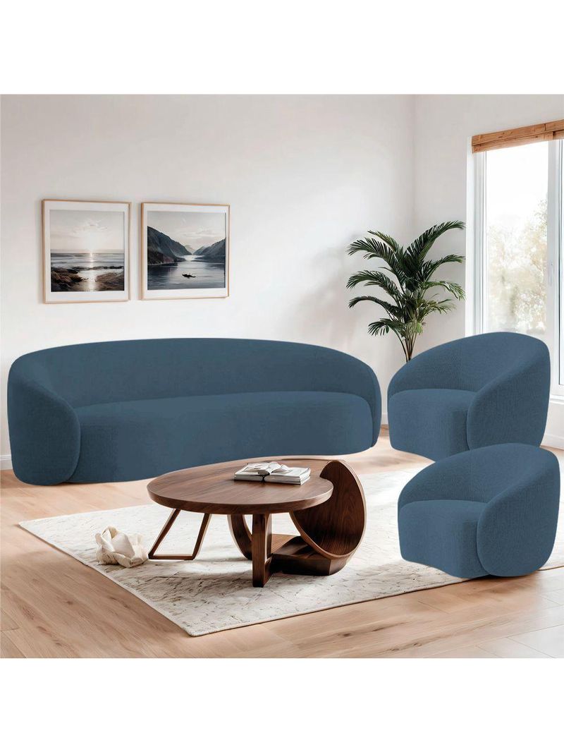 Kit Sofá 3 Lugares 180cm E 2 Poltronas Orgânica Luxo Recepção Amore Linho Amarena Móveis Azul Royal