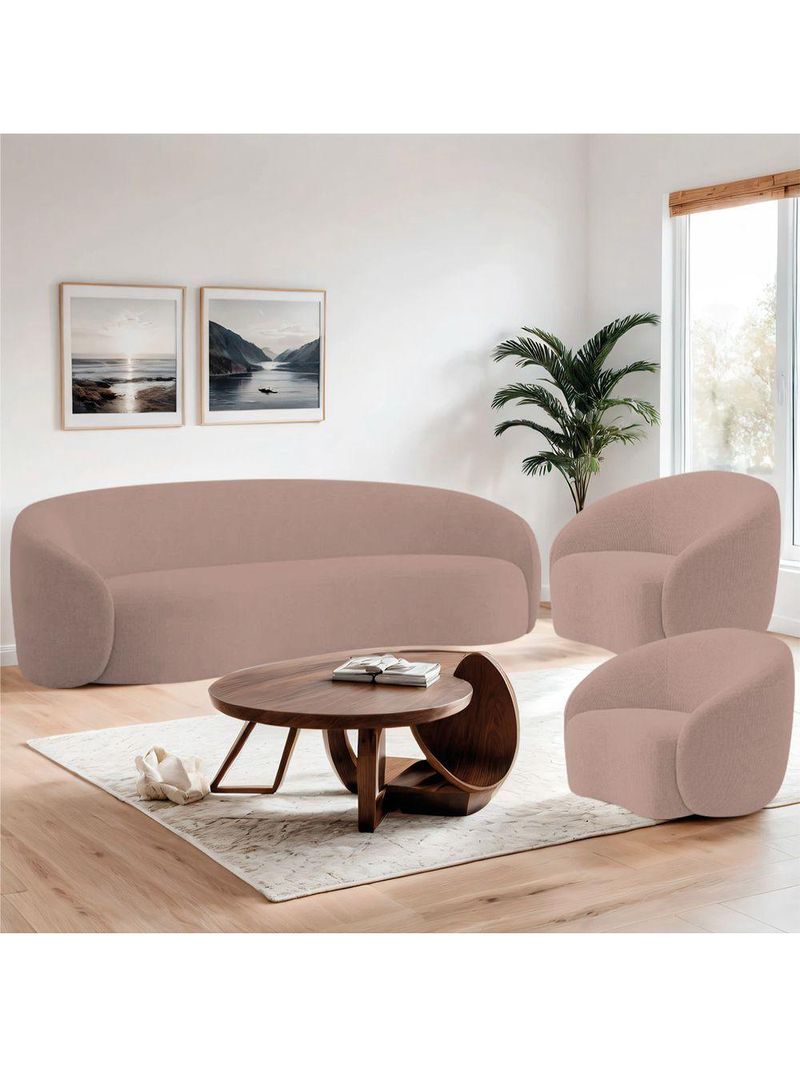 Kit Sofá 3 Lugares 180cm E 2 Poltronas Orgânica Luxo Recepção Amore Linho - Amarena Móveis Cor Rosê