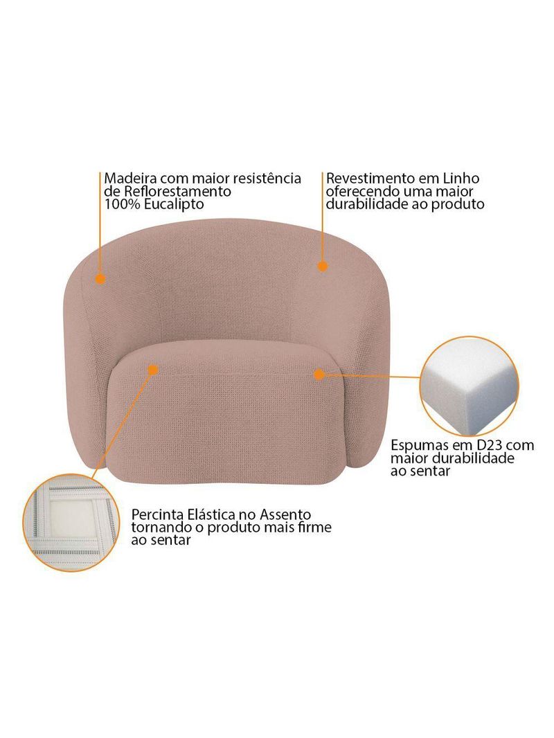 Kit Sofá 3 Lugares 180cm E 2 Poltronas Orgânica Luxo Recepção Amore Linho - Amarena Móveis Cor Rosê