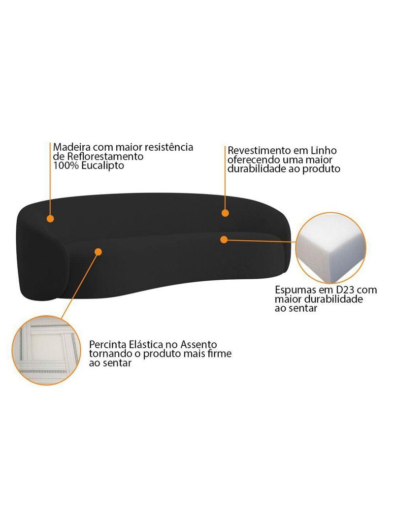 Sofá 3 Lugares 180cm Orgânico Luxo Recepção Amore Linho - Amarena Móveis Cor Preto