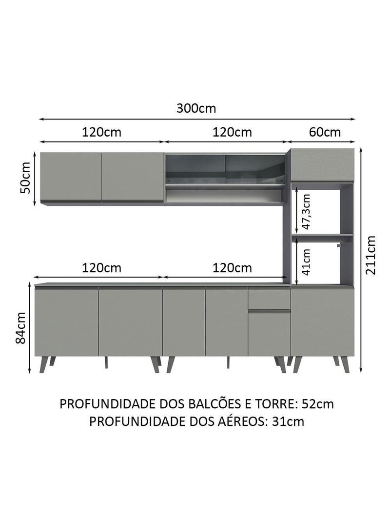 Armário de cozinha completa 300cm cinza nice madesa 01
