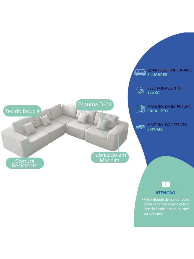Kit Sofá Modular 5 Lugares Moderno Curvo Orgânico Adapt Bouclé - Amarena Móveis Branco