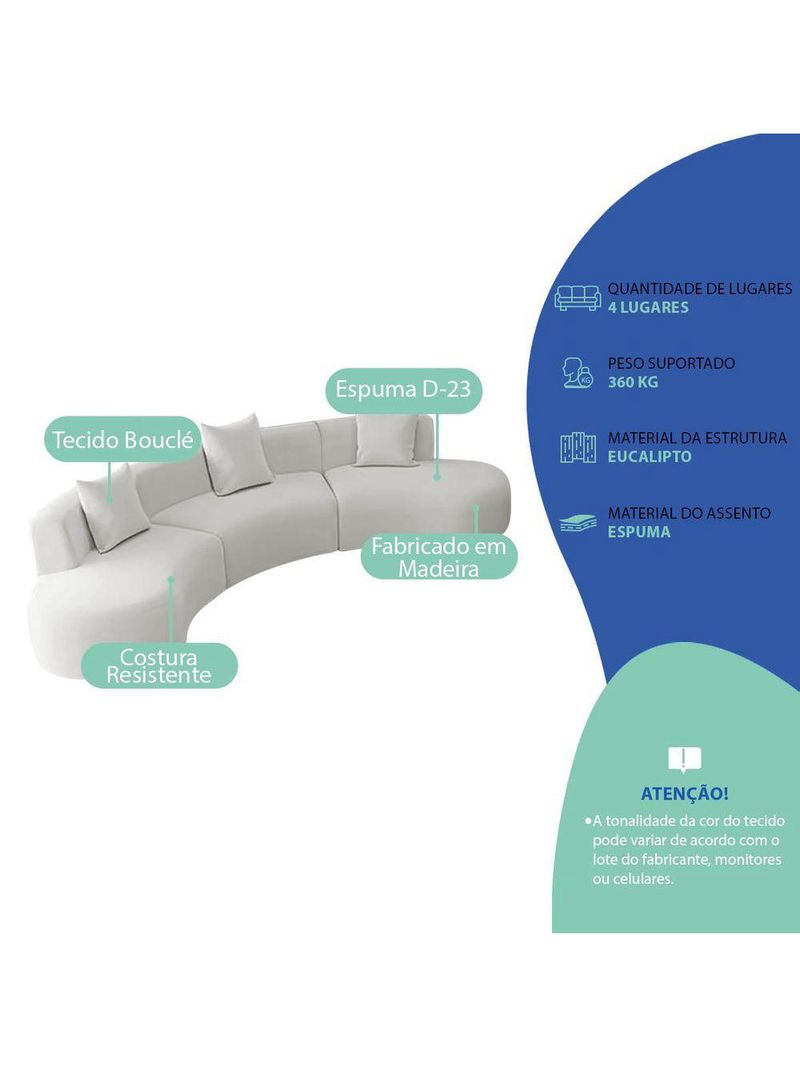 Kit Sofá Modular 4 Lugares 360cm Moderno Curvo Orgânico Duna Bouclé Branco