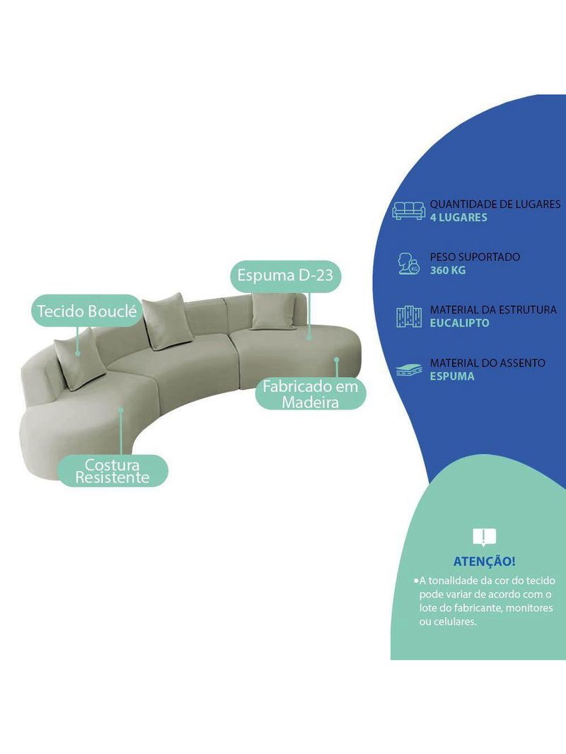 Kit Sofá Modular 4 Lugares 360cm Moderno Curvo Orgânico Duna Bouclé Verde Oliva
