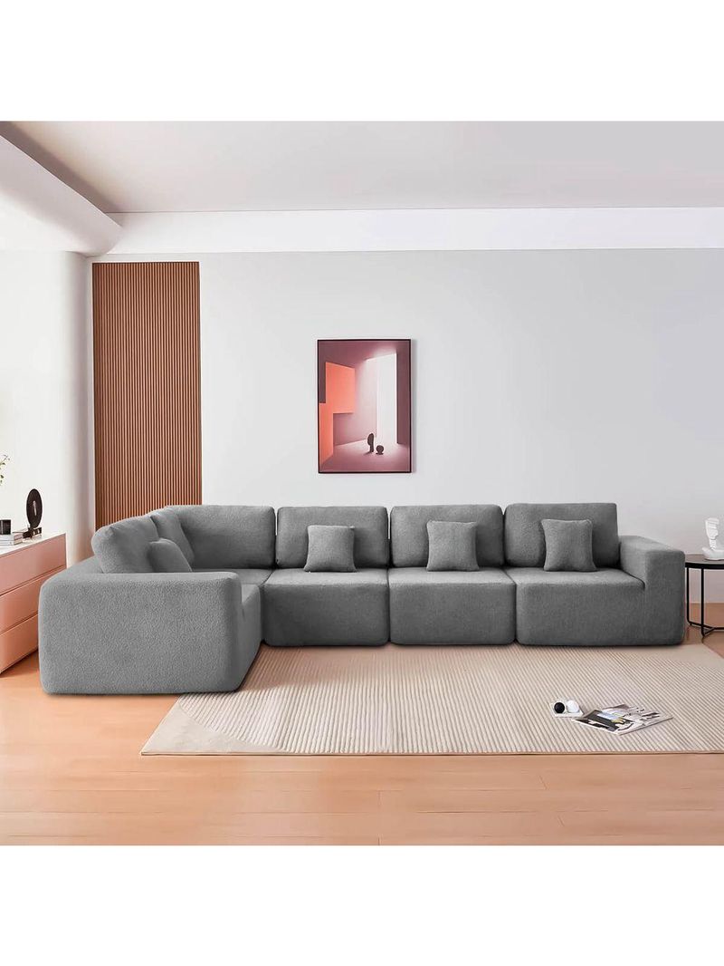 Kit Sofá Modular 5 Lugares Moderno Curvo Orgânico Adapt Bouclé - Amarena Móveis Cinza
