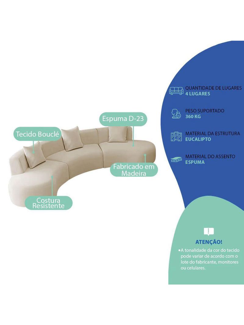 Kit Sofá Modular 4 Lugares 360cm Moderno Curvo Orgânico Duna Bouclé Bege