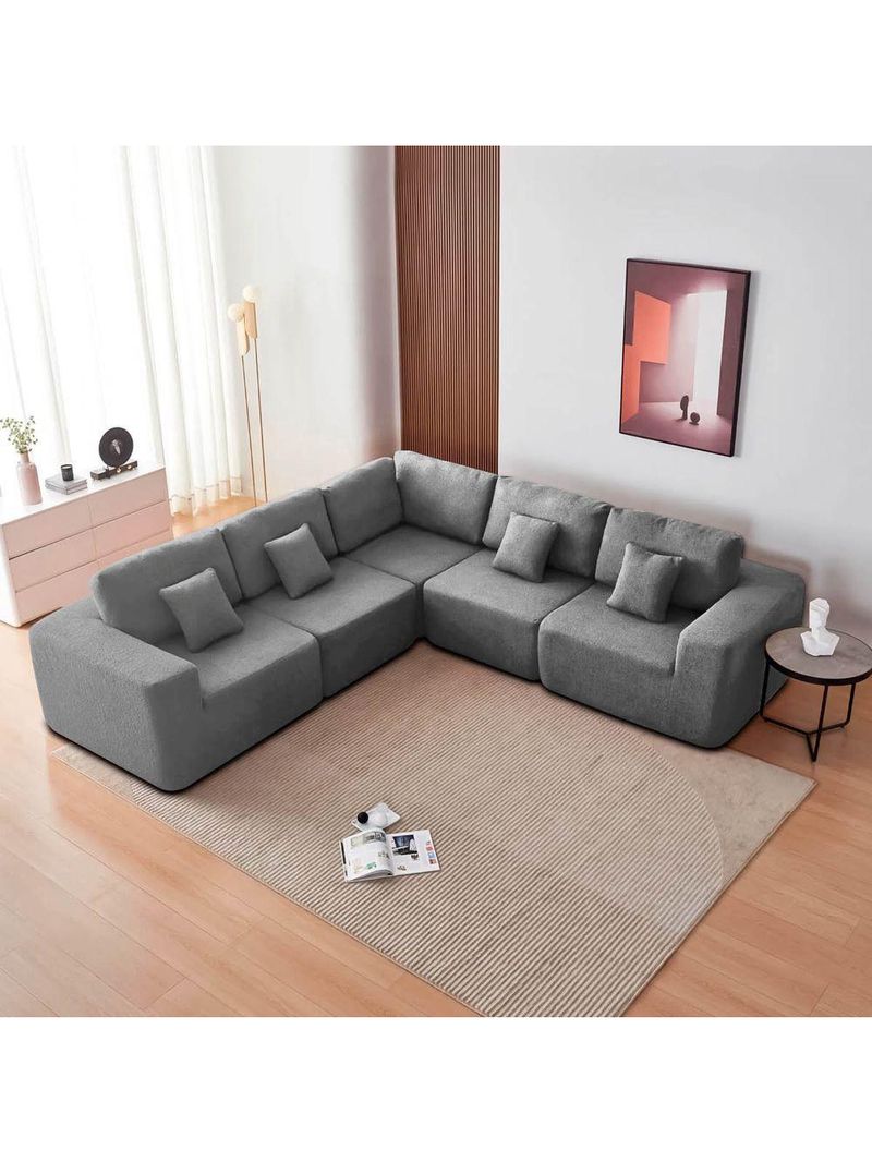 Kit Sofá Modular 5 Lugares Moderno Curvo Orgânico Adapt Bouclé - Amarena Móveis Cinza