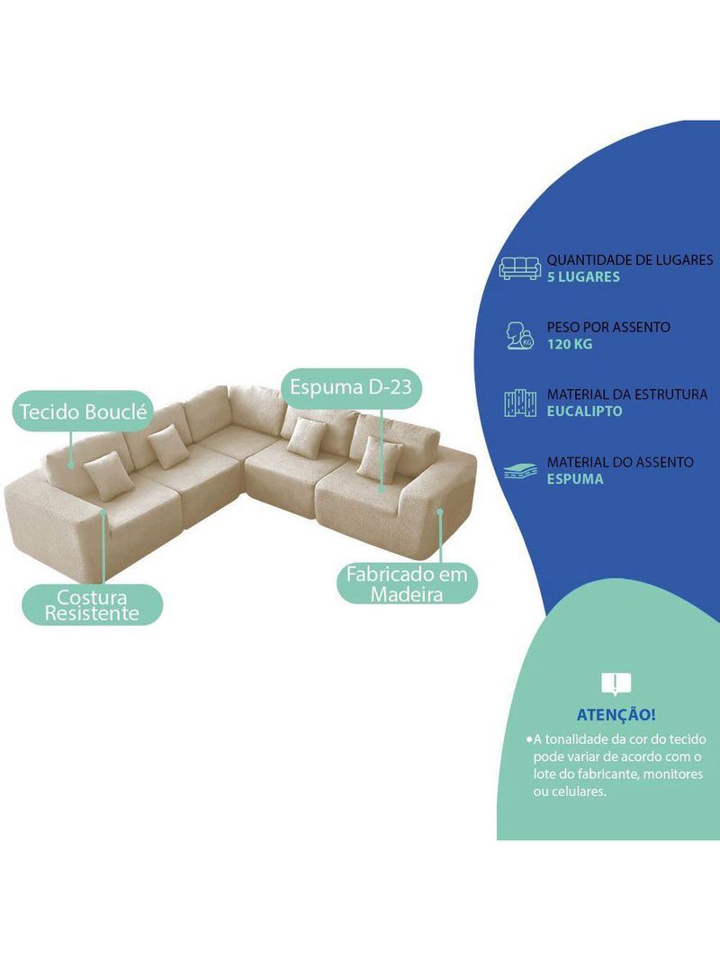 Kit Sofá Modular 5 Lugares Moderno Curvo Orgânico Adapt Bouclé - Amarena Móveis Cor Bege