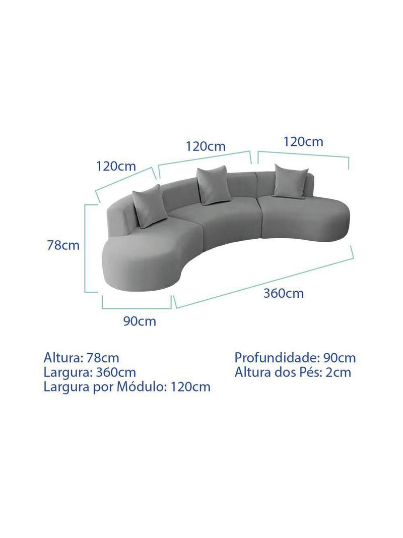 Kit Sofá Modular 4 Lugares 360cm Moderno Curvo Orgânico Duna Bouclé Cinza