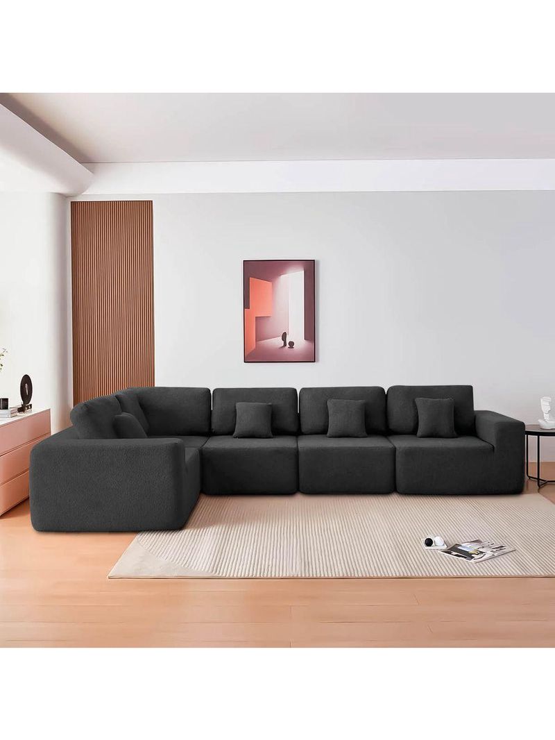 Kit Sofá Modular 5 Lugares Moderno Curvo Orgânico Adapt Linho - Amarena Móveis Preto