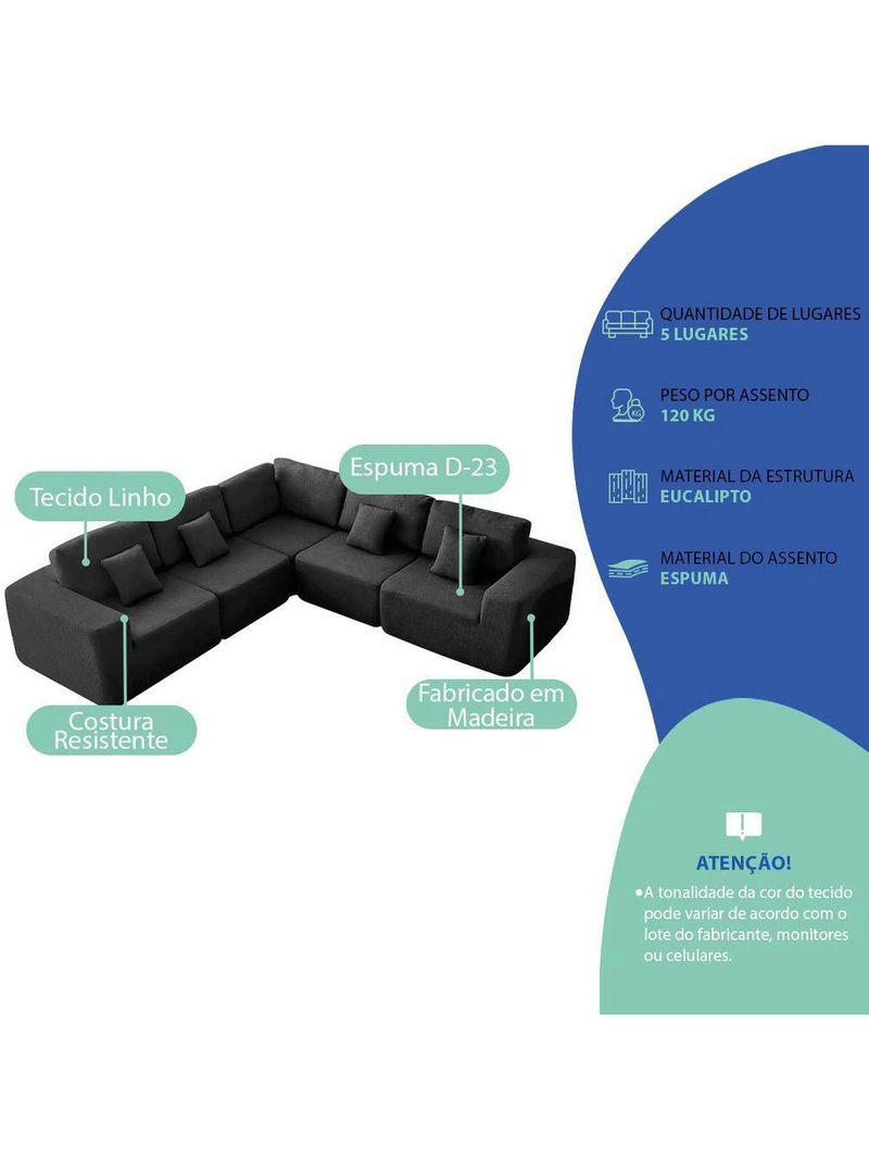 Kit Sofá Modular 5 Lugares Moderno Curvo Orgânico Adapt Linho - Amarena Móveis Preto