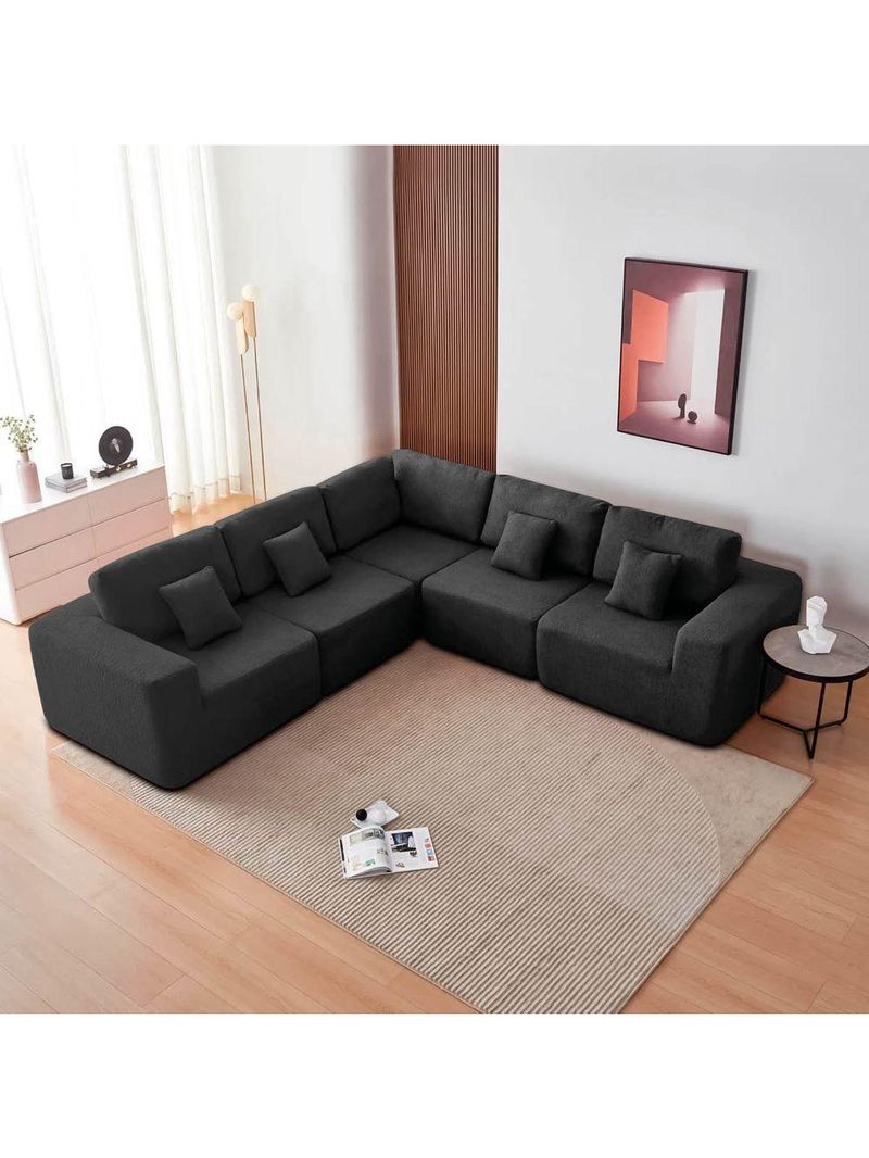 Kit Sofá Modular 5 Lugares Moderno Curvo Orgânico Adapt Linho - Amarena Móveis Preto