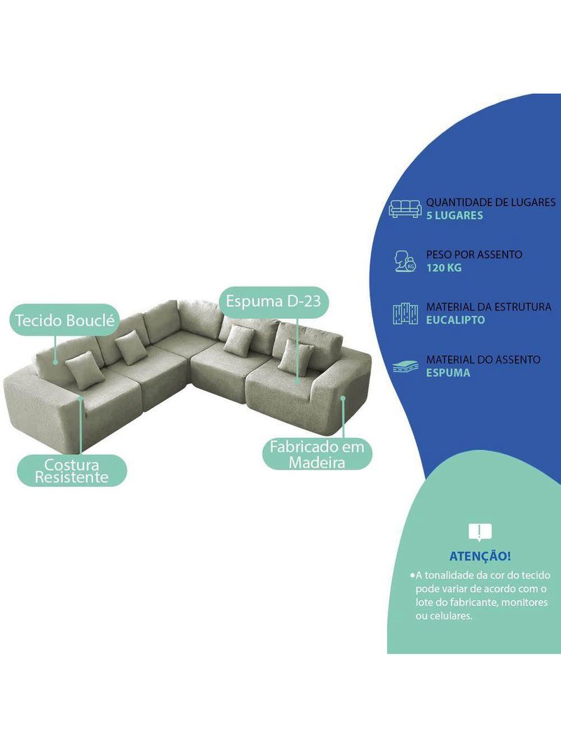 Kit Sofá Modular 5 Lugares Moderno Curvo Orgânico Adapt Bouclé - Amarena Móveis Verde Oliva